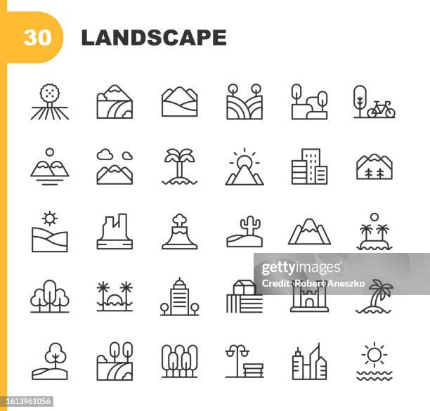 landschaft linie icons. bearbeitbarer strich. pixel perfekt. für mobile und web. enthält symboleweise strand, stadt, landschaft, wüste, umwelt, wald, wandern, insel, landschaft, berg, natur, im freien, park, sommer, sonne, baum, urlaub, vulkan - landform stock-grafiken, -clipart, -cartoons und -symbole