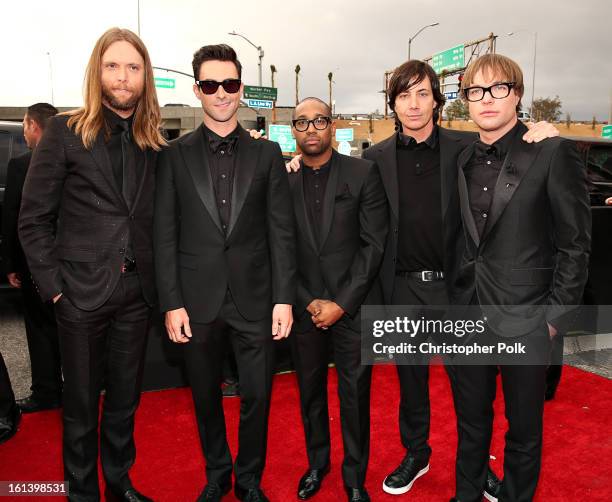 Maroon 5 band members James Valentine, Adam Levine, PJ Morton, Matt Flynn and Mickey Madden arrive at the 55th Annual GRAMMY Awards on February 10,...