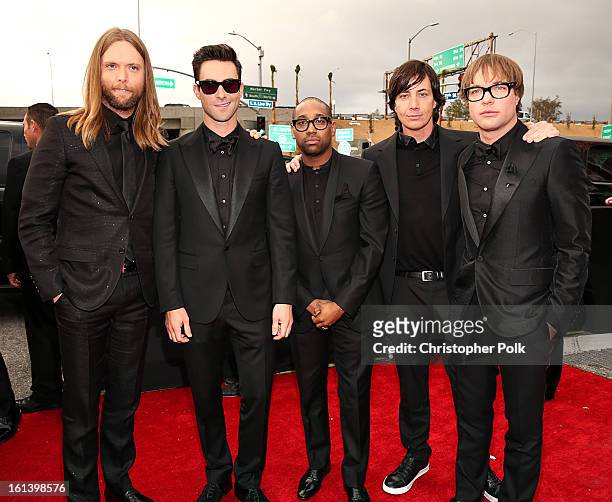 Maroon 5 band members James Valentine, Adam Levine, PJ Morton, Matt Flynn and Mickey Madden arrive at the 55th Annual GRAMMY Awards on February 10,...