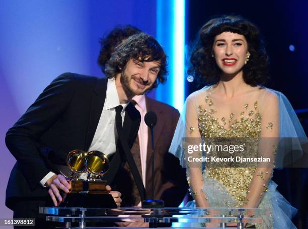 Singers Gotye and Kimbra accept the Best Pop Duo/Group Performance Award for "Somebody That I Used To Know" onstage at the The 55th Annual GRAMMY...