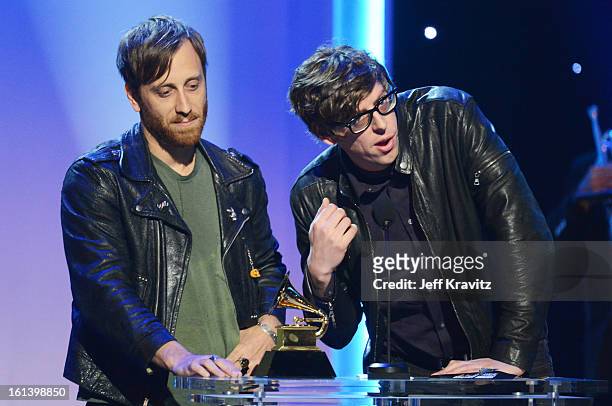 Musicians Dan Auerbach and Patrick Carney of The Black Keys accept an award onstage during the 55th Annual GRAMMY Awards at Nokia Theatre L.A. Live...