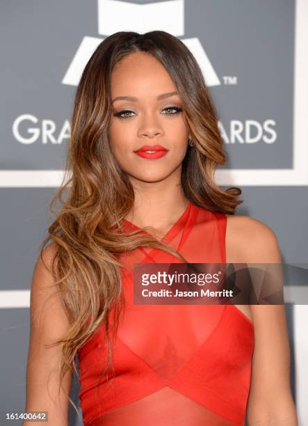 Singer Rihanna arrives at the 55th Annual GRAMMY Awards at Staples Center on February 10, 2013 in Los Angeles, California.
