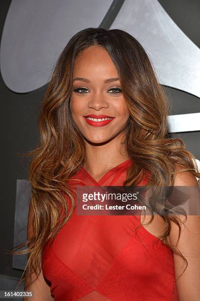 Singer Rihanna attends the 55th Annual GRAMMY Awards at STAPLES Center on February 10, 2013 in Los Angeles, California.