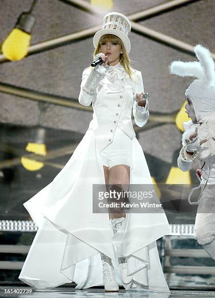 Singer Taylor Swift performs onstage during the 55th Annual GRAMMY Awards at STAPLES Center on February 10, 2013 in Los Angeles, California.