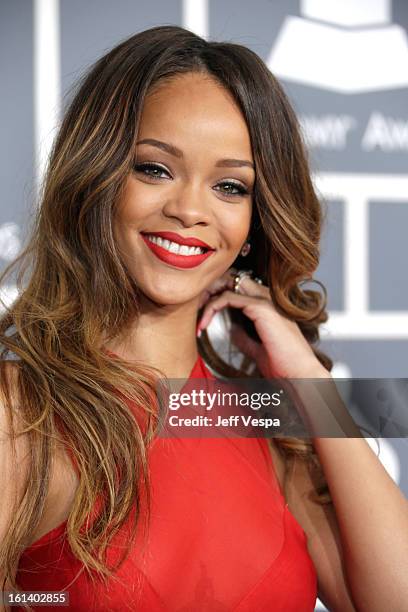 Singer Rihanna attends the 55th Annual GRAMMY Awards at STAPLES Center on February 10, 2013 in Los Angeles, California.