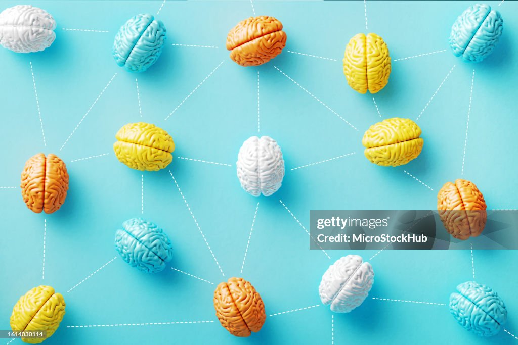 Management Objects Brain Colorful Brain Objects Connected By Dotted Lines On Blue Background ...