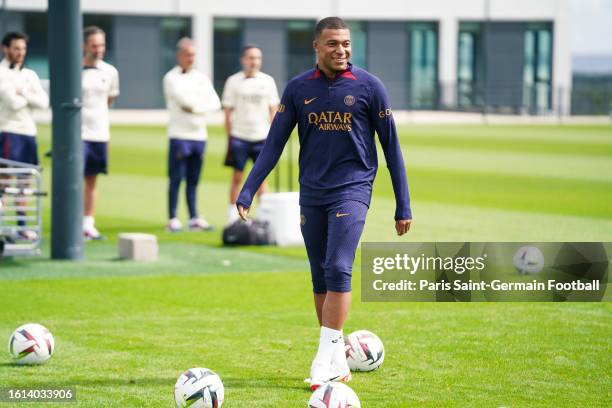 Kylian Mbappe of Paris Saint-Germain during training on August 13, 2023 in Poissy, France.
