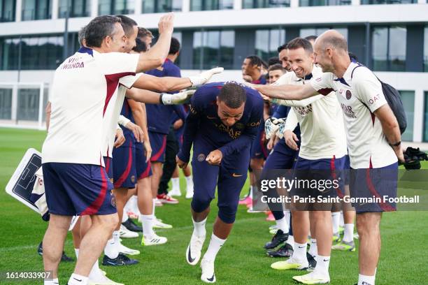 Kylian Mbappe of Paris Saint-Germain during training on August 13, 2023 in Poissy, France.