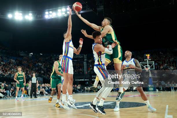 Dante Exum of the Boomers drives to the basket during the match between Australia Boomers and Venezuela at Rod Laver Arena on August 14, 2023 in...