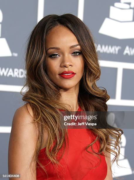 Singer Rihanna attends the 55th Annual GRAMMY Awards at STAPLES Center on February 10, 2013 in Los Angeles, California.