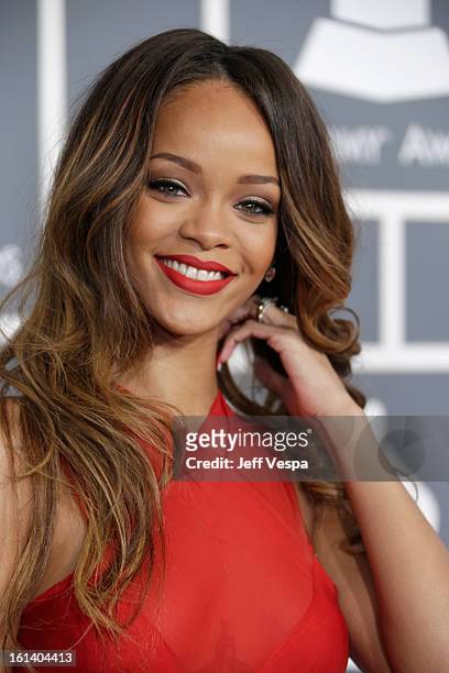 Singer Rihanna attends the 55th Annual GRAMMY Awards at STAPLES Center on February 10, 2013 in Los Angeles, California.