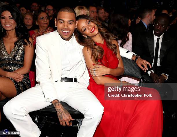 Chris Brown and Rihanna attend the 55th Annual GRAMMY Awards at STAPLES Center on February 10, 2013 in Los Angeles, California.
