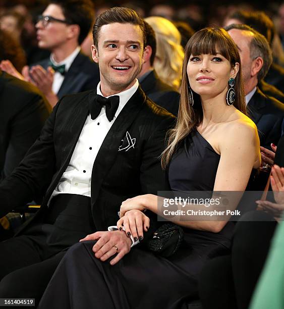 Justin Timberlake and Jessica Biel attend the 55th Annual GRAMMY Awards at STAPLES Center on February 10, 2013 in Los Angeles, California.