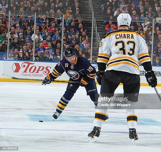 Cody Hodgson of the Buffalo Sabres fires a slapshot towards Zdeno Chara of the Boston Bruins on February 10, 2013 at the First Niagara Center in...