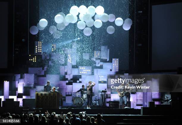 Music group Fun. Performs onstage during the 55th Annual GRAMMY Awards at STAPLES Center on February 10, 2013 in Los Angeles, California.