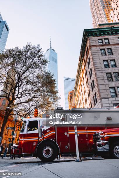 emergency in downtown - us wtc then and now firemen stock pictures, royalty-free photos & images
