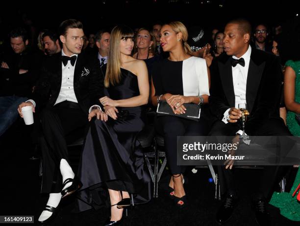 Justin Timberlake, Jessica Biel, Beyonce and Jay-Z attend the 55th Annual GRAMMY Awards at STAPLES Center on February 10, 2013 in Los Angeles,...