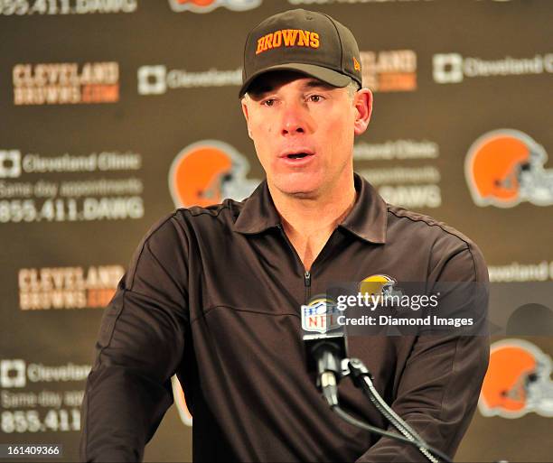 Head coach Pat Shurmur of the Cleveland Browns answers questions from the media after a game against the Pittsburgh Steelers at Heinz Field in...