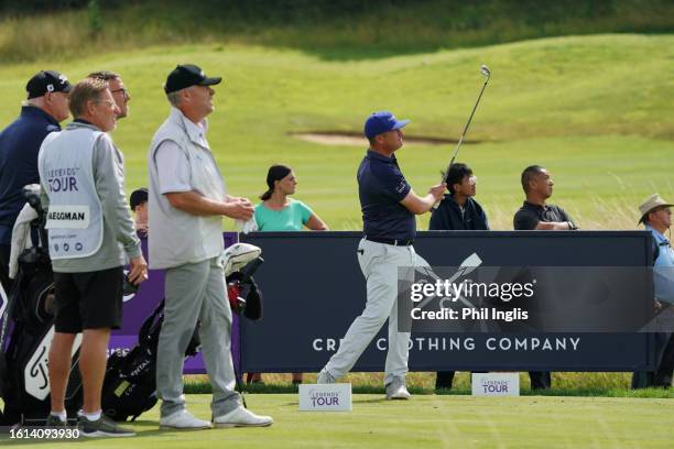 Greig Hutcheon of Scotland during Day Three of the Legends Tour Trophy hosted by Simon Khan at Hanbury Manor Marriott Hotel & Country Club on August...