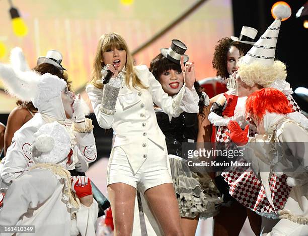 Taylor Swift performs onstage during the 55th Annual GRAMMY Awards at STAPLES Center on February 10, 2013 in Los Angeles, California.
