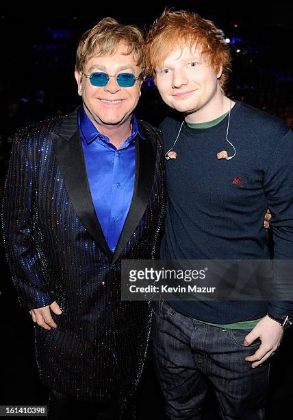 Elton John and Ed Sheeran attends the 55th Annual GRAMMY Awards at STAPLES Center on February 10, 2013 in Los Angeles, California.