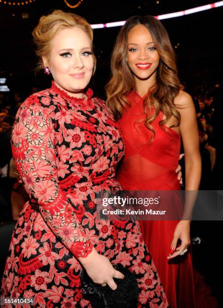 Adele and Rihanna attend the 55th Annual GRAMMY Awards at STAPLES Center on February 10, 2013 in Los Angeles, California.