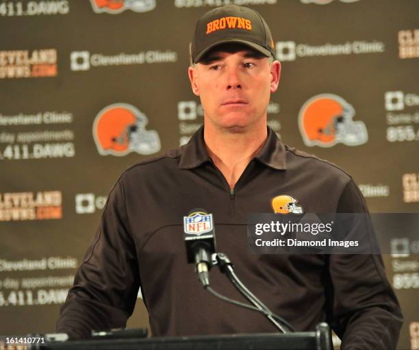 Head coach Pat Shurmur of the Cleveland Browns answers questions from the media after a game against the Pittsburgh Steelers at Heinz Field in...