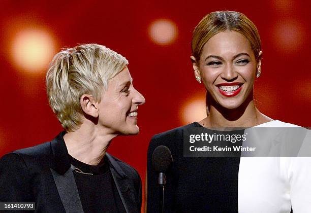 Personality Ellen DeGeneres and singer Beyonce speak onstage during the 55th Annual GRAMMY Awards at STAPLES Center on February 10, 2013 in Los...