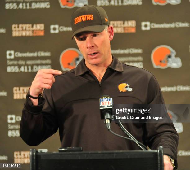 Head coach Pat Shurmur of the Cleveland Browns answers questions from the media after a game against the Pittsburgh Steelers at Heinz Field in...