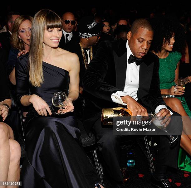 Jessica Biel and Jay-Z attend the 55th Annual GRAMMY Awards at STAPLES Center on February 10, 2013 in Los Angeles, California.