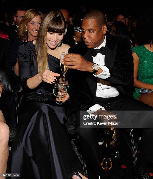 Jessica Biel and Jay-Z attend the 55th Annual GRAMMY Awards at STAPLES Center on February 10, 2013 in Los Angeles, California.