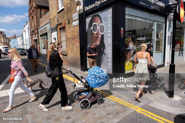 Street scene outside the Chelsea Eye Centre on the King's Road which is promoting Isabel Marant sunglasses on 17th August 2023 in London, United...
