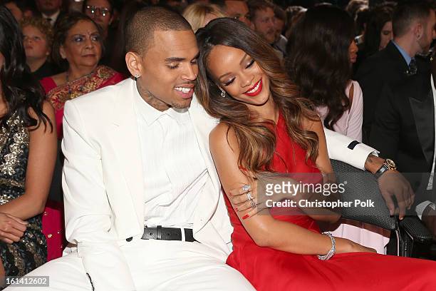 Singers Chris Brown and Rihanna attend the 55th Annual GRAMMY Awards at STAPLES Center on February 10, 2013 in Los Angeles, California.