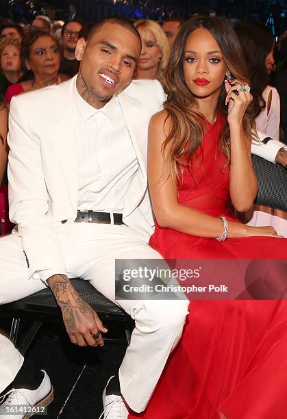 Singers Chris Brown and Rihanna attend the 55th Annual GRAMMY Awards at STAPLES Center on February 10, 2013 in Los Angeles, California.