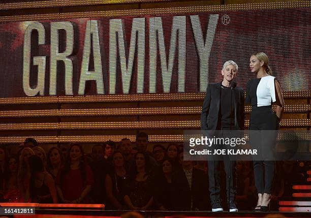 Ellen DeGeneres and Beyonce speak on the stage at the Staples Center during the 55th Grammy Awards in Los Angeles, California, February 10, 2013. AFP...