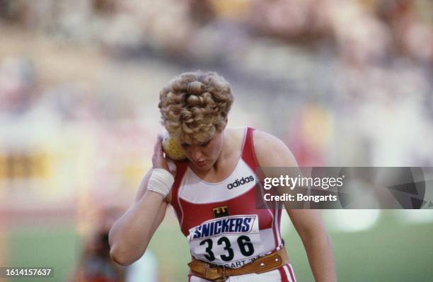 German athlete Astrid Kumbernuss competes in the women's shot put event at the 1993 IAAF World Championships, held at the Neckarstadium in Stuttgart,...