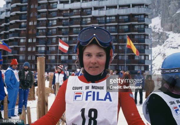 American skier Jamie Kurlander posing in Val d'Isere, France, where she is competing in the FIS Alpine Ski World Cup, December 1977.