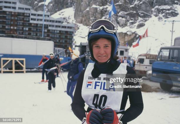American skier Maggie Crane in Val d'Isere, France, where she is competing in the FIS Alpine Ski World Cup, December 1977.