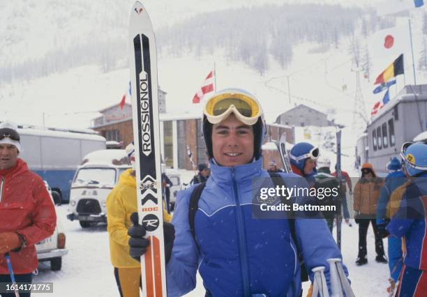American skier Richard Briggs posing in Val d'Isere, France, where he is competing in the FIS Alpine Ski World Cup, December 1977.