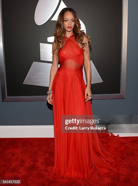 Singer Rihanna attends the 55th Annual GRAMMY Awards at STAPLES Center on February 10, 2013 in Los Angeles, California.