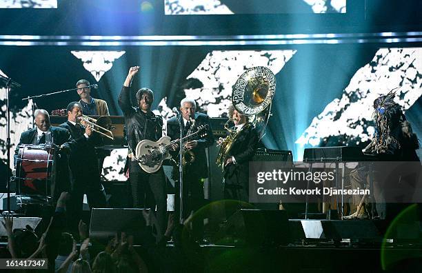 Musicians Dan Auerbach of the Black Keys and Dr. John perform with the Preservation Hall Jazz Band onstage at the 55th Annual GRAMMY Awards at...
