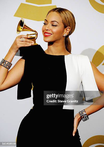 Singer Beyonce poses in the press room during the 55th Annual GRAMMY Awards at STAPLES Center on February 10, 2013 in Los Angeles, California.