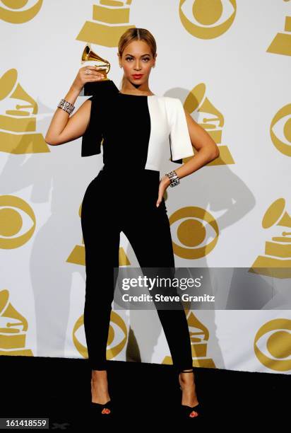 Singer Beyonce poses in the press room during the 55th Annual GRAMMY Awards at STAPLES Center on February 10, 2013 in Los Angeles, California.