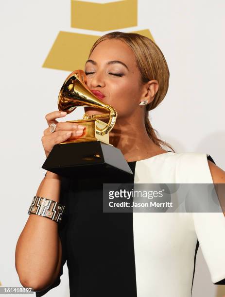 Singer Beyonce, winner Best Traditional R&B Performance, poses in the press room at the 55th Annual GRAMMY Awards at Staples Center on February 10,...