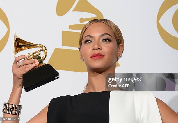 Singer Beyonce poses in the press room with her trophy for best R&B performance at the Staples Center during the 55th Grammy Awards in Los Angeles,...