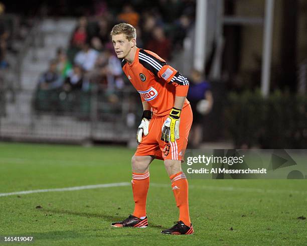 Goalie Zac MacMath of the Philadelphia Union sets for play against Orlando City February 9, 2013 in the first round of the Disney Pro Soccer Classic...