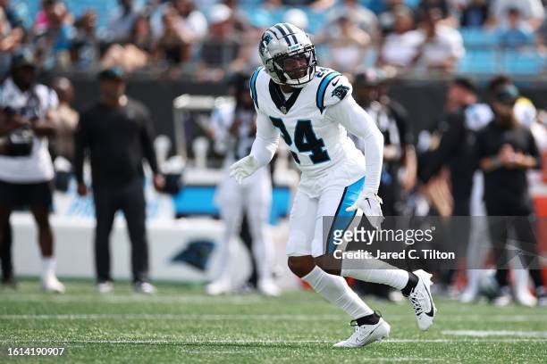 Vonn Bell of the Carolina Panthers prepares to defend during the first quarter of a preseason game against the New York Jets at Bank of America...