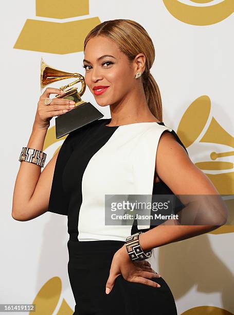 Singer Beyonce, winner Best Traditional R&B Performance for "Love on Top", poses in the press room at the 55th Annual GRAMMY Awards at Staples Center...