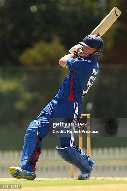 Ben Stokes of the Lions plays a shot during the International Tour match between the Victoria Bushrangers and England Lions at Junction Oval on...