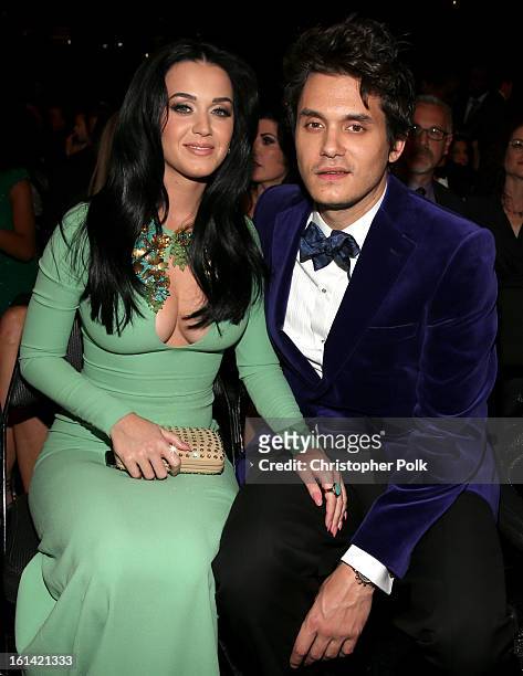Singers Katy Perry and John Mayer attend the 55th Annual GRAMMY Awards at STAPLES Center on February 10, 2013 in Los Angeles, California.
